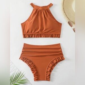 Rust orange colored 2 piece bikini with ruffles halter top full coverage bottom